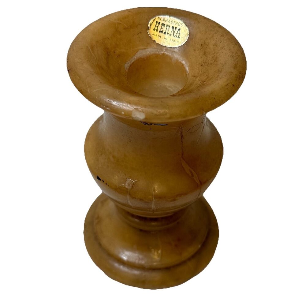 Alabastros Herna: Alabaster Candle Holder - Vintage Spain 4.5" Tall x 2.5" dia.